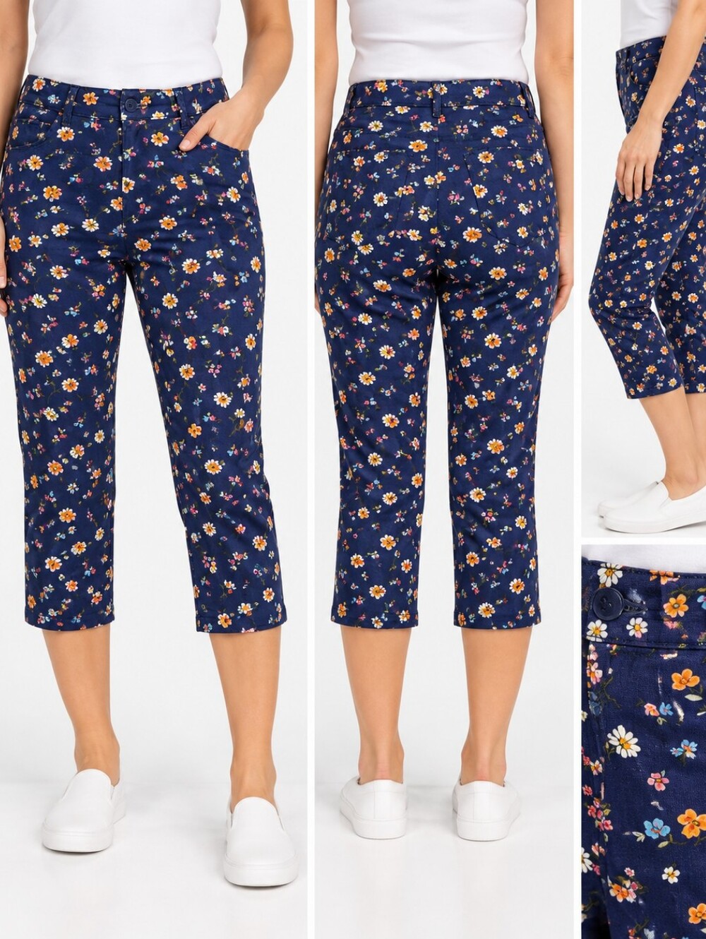 St. John’s Bay Size 16 Navy Floral Capri Pants Cottagecore Stretch